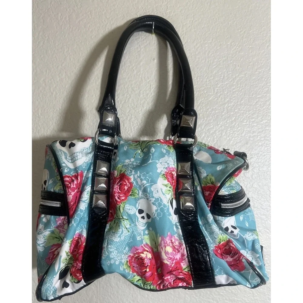 Betseyville  Skull Rose Print Hobo Shoulder Bag Studded Betsey Johnson Y2K